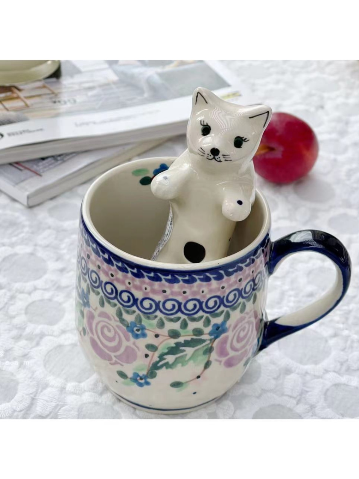 现货　波兰手绘陶瓷　mi工厂艺术家系　紫蔷薇 　猫咪摆件