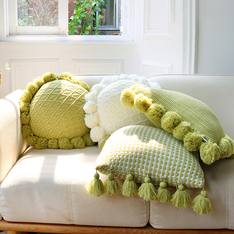 ins风小清新薄荷绿针织蒲团客厅沙发抱枕靠枕卧室飘窗流苏靠垫