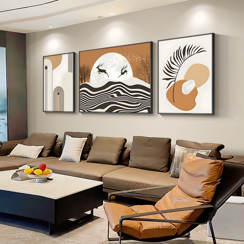 福鹿现代简约三联客厅装饰画组合沙发背景墙挂画抽象橙色线条壁画