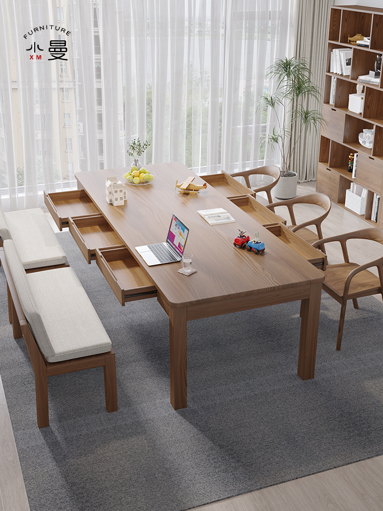 客厅书桌学习阅读大板桌餐书桌一体长工作台带抽屉双人实木大书桌