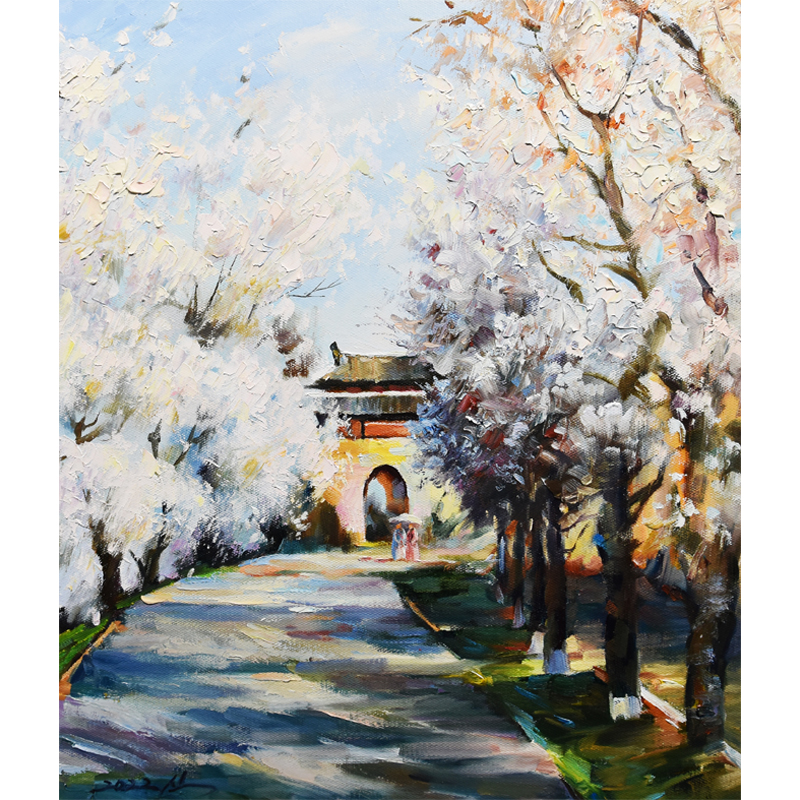 带合影朝鲜风景油画 高54cm 申胜哲 一级《樱花下的路》xa476