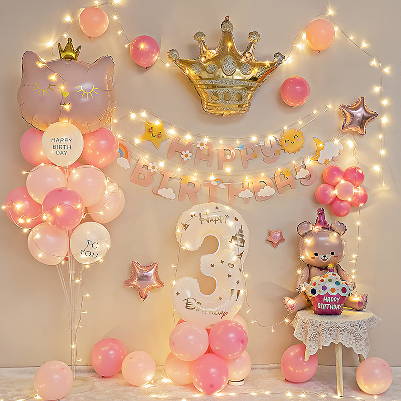 网红女孩宝宝3周岁生日装饰ins气球粉色儿童派对场景背景布置用品