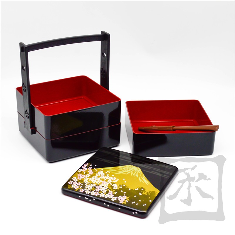 日式精致手提便当盒富士山年饭盒外带餐盒野餐盒黑红三层寿司盒