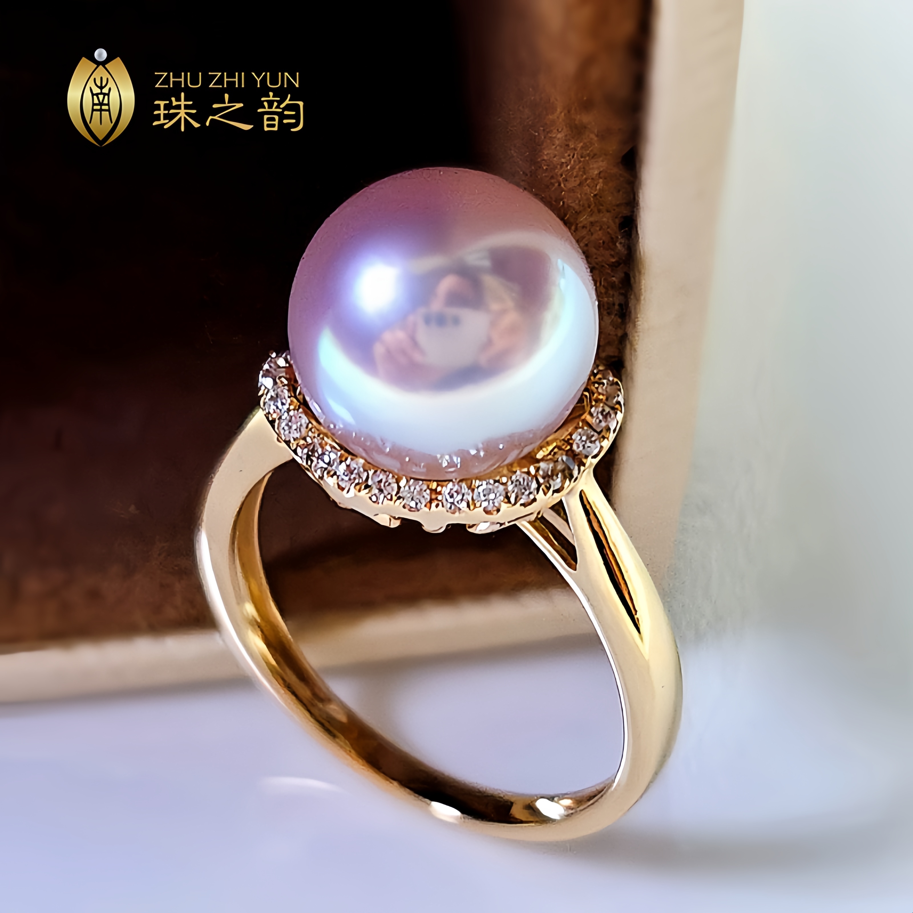 日本akoya天女海水珍珠戒指18K金加厚版镶钻石正圆镜面极强光高贵
