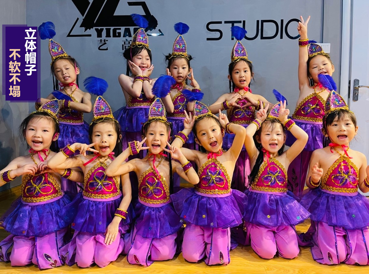 西夏鼓娃女童演出服新疆舞服维吾尔族舞蹈抖音紫金舞蹈道具中国风