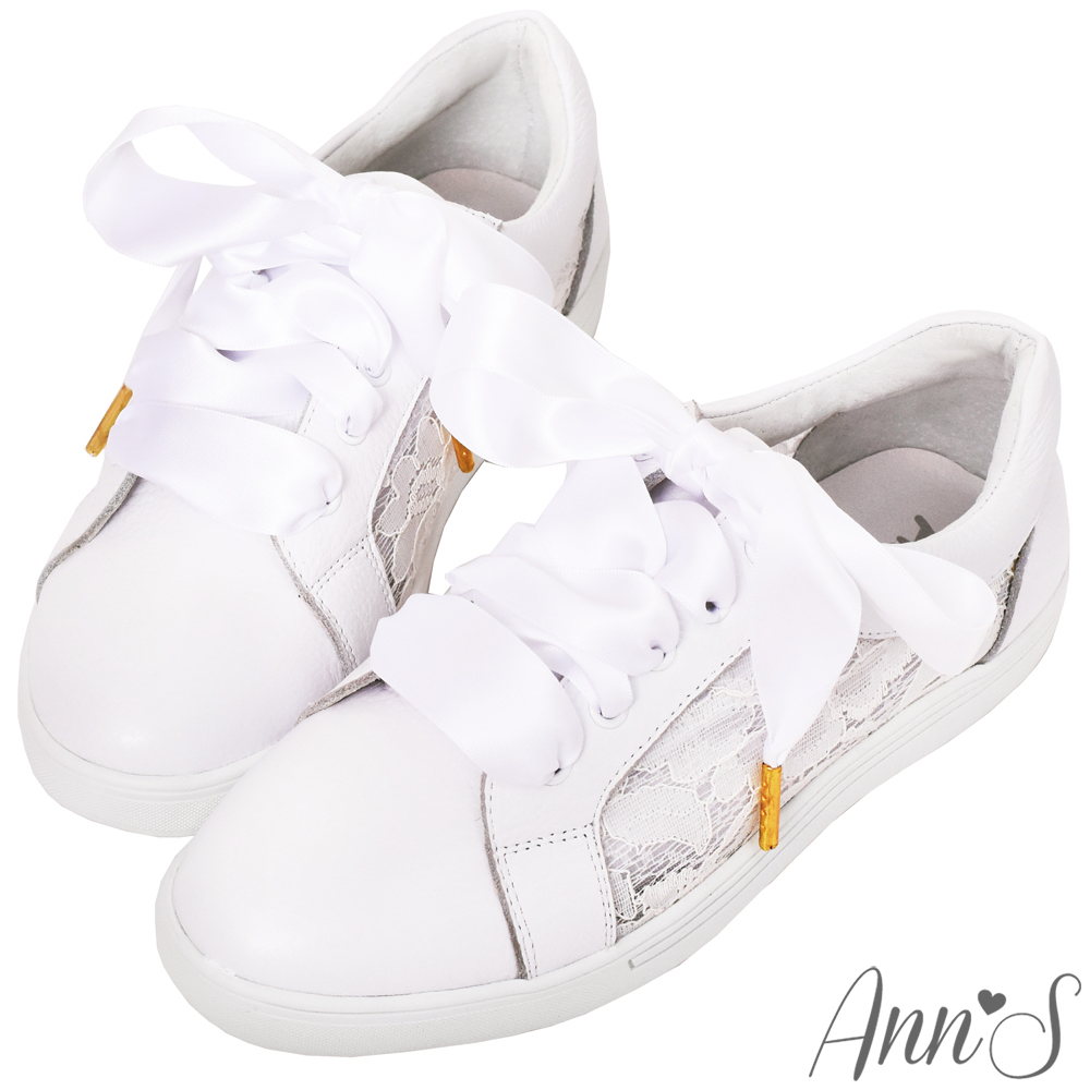 Ann’S第二代超軟真牛皮甜美蕾絲綁帶小白鞋