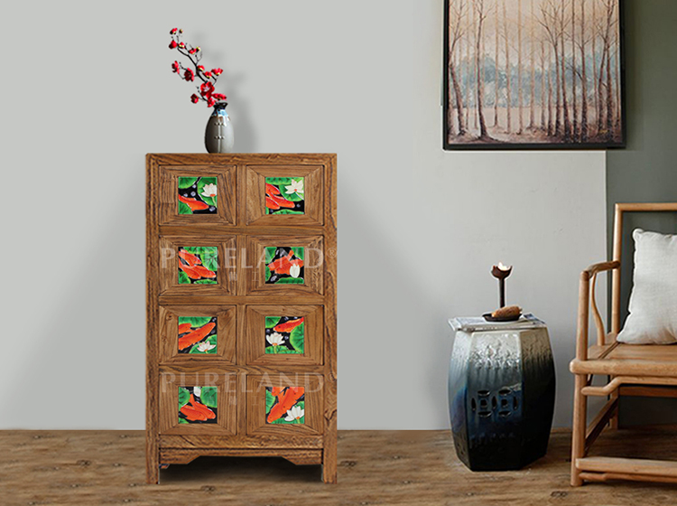 青兰工舍新中式现代仿古实木老榆木家具镶瓷板画实用储物柜八抽柜