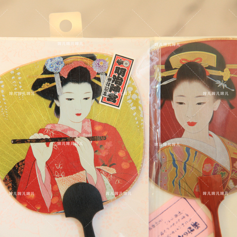 日本进口明治神宫艺妓仕女金箔团扇工艺扇摆件手工艺品收藏扇包邮