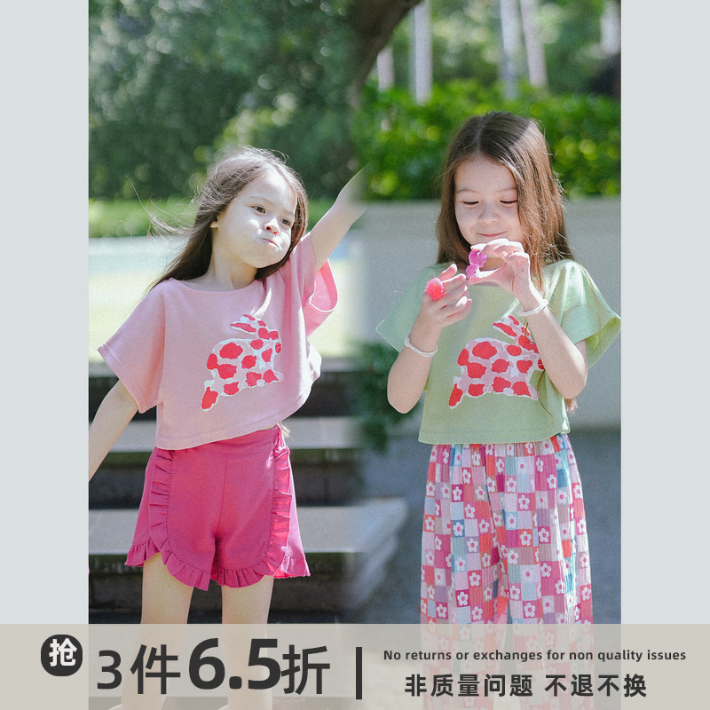 史豌豆女童兔子印花短袖t恤2023夏季新款小女孩甜美可爱洋气上衣