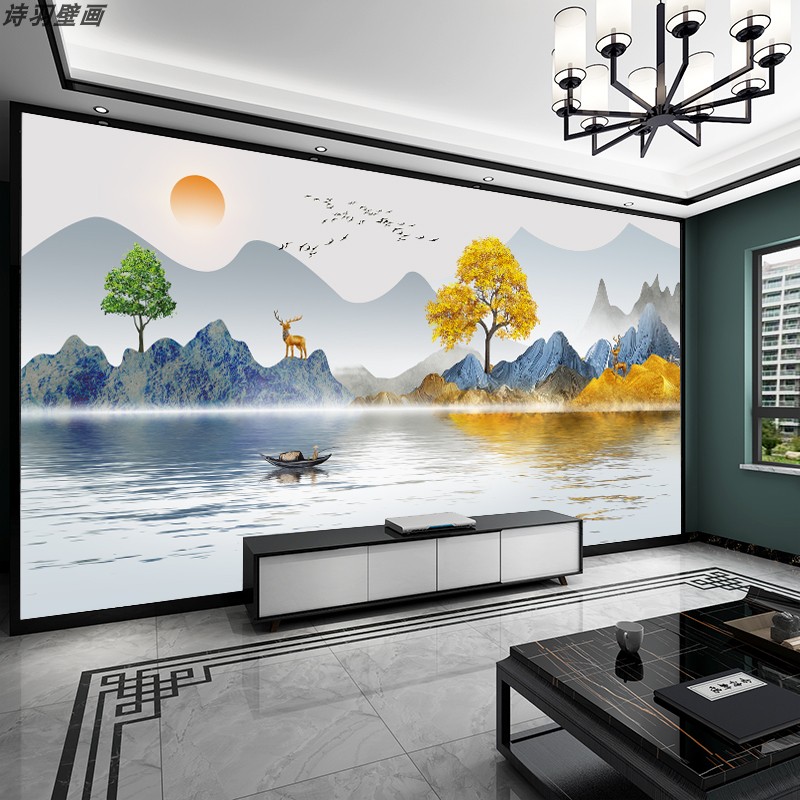 新中式轻奢山水电视背景墙壁纸客厅沙发卧室高端影视墙立体8d壁画