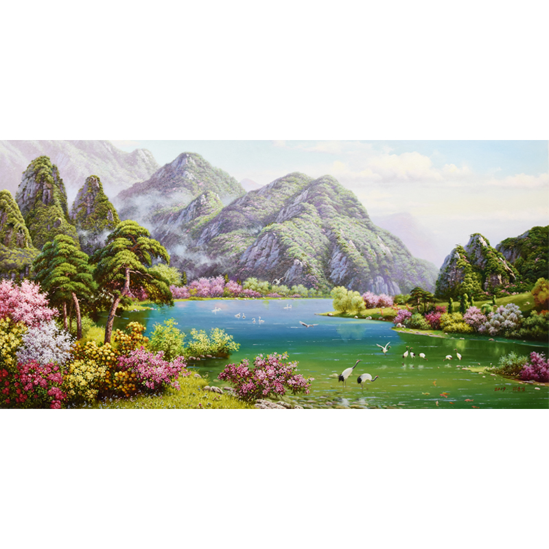 拍下送油画 宽1.6米 李春成 人民艺术家朝鲜油画《湖畔美景》yc21