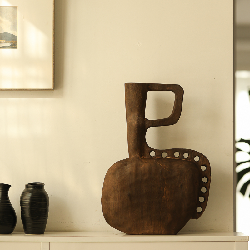 实木侘寂艺术风格整体雕刻花瓶摆件民宿酒店艺术装饰品原创设计