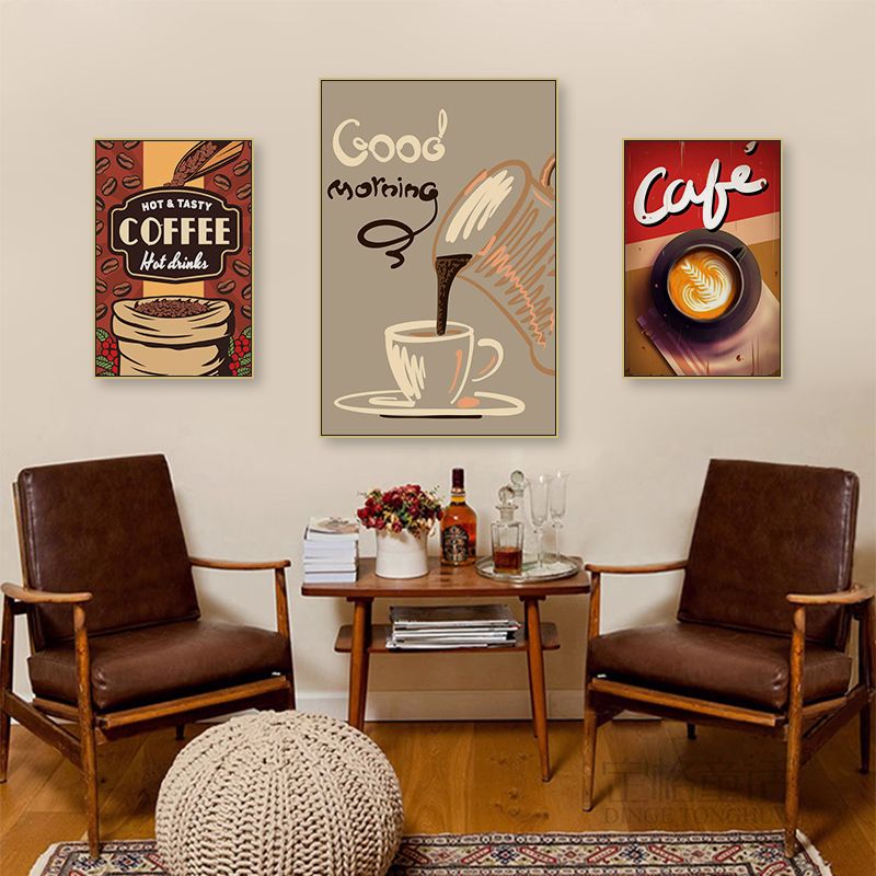 咖啡馆挂画offee主题元素美式复古手绘油画奶茶店餐厅墙面装饰画
