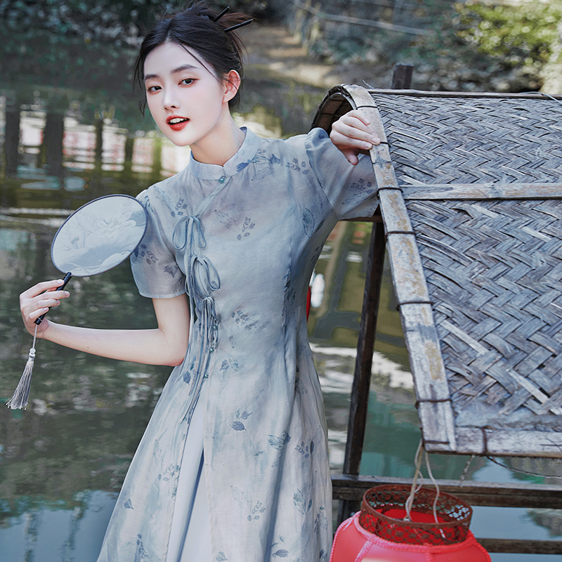 新中式国风奥黛旗袍茶服仙女日常可穿古琴汉服套装茶艺师连衣裙