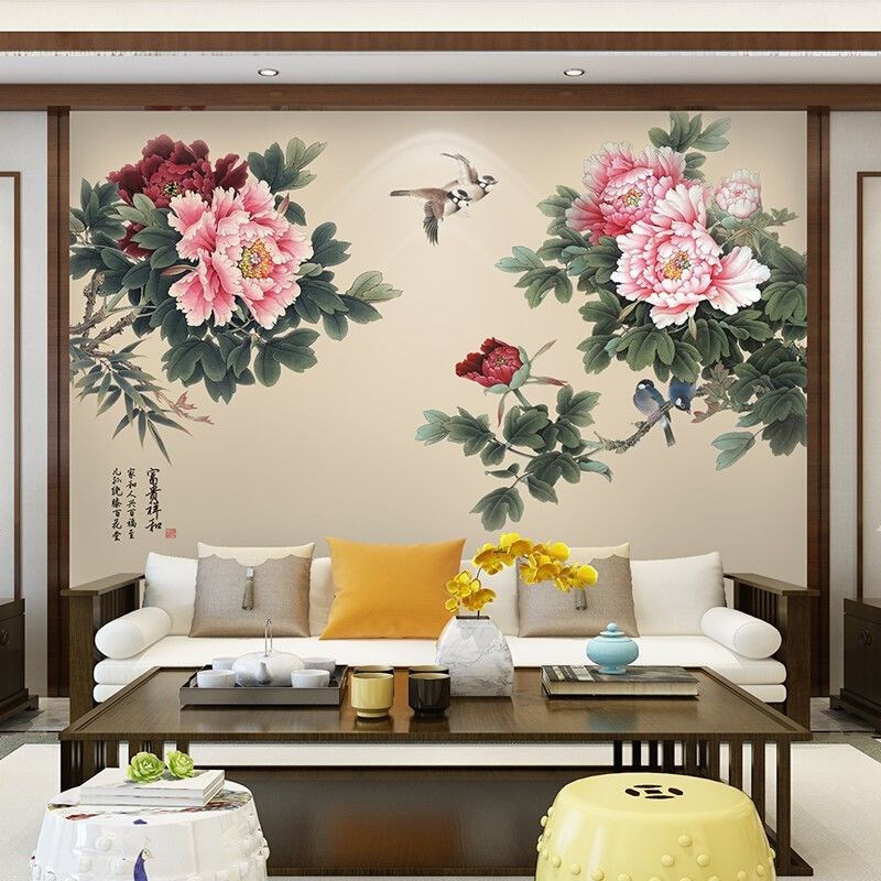 新中式牡丹花鸟电视背景壁布客厅沙发高端壁画卧室新款中国风墙布