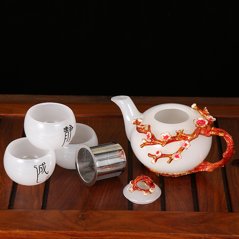中秋节新品创意琉璃茶壶茶杯礼盒 玉石珐琅彩合金茶具套装