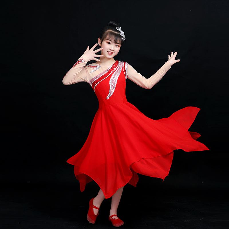 元旦儿童舞台代舞连衣演服女童中国FPM裙舞古出典舞蹈表演服装红