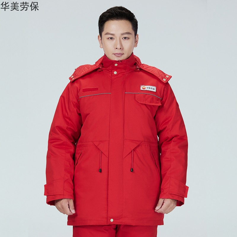新款防静电中国石油冬季棉服加厚保暖工作服套装男可拆卸棉袄红色