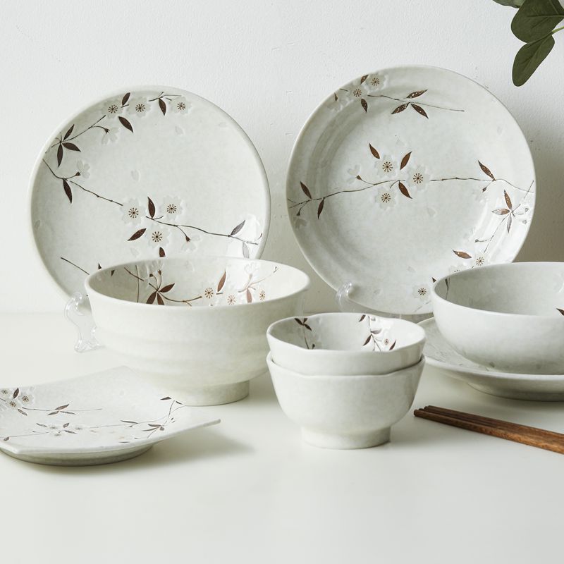 小鹿田烧白樱花日本陶瓷碗盘碟子家用日式餐具套装创意凉菜盘骨碟