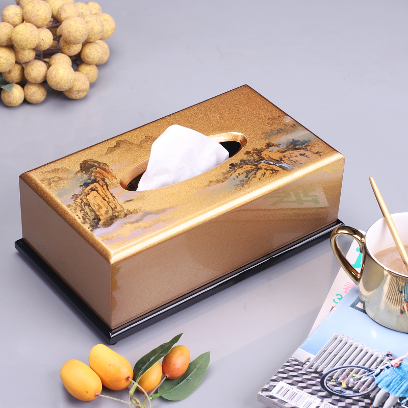 金色禅意风手绘山水画漆器纸巾盒中国风样板间客厅摆件装饰抽纸盒