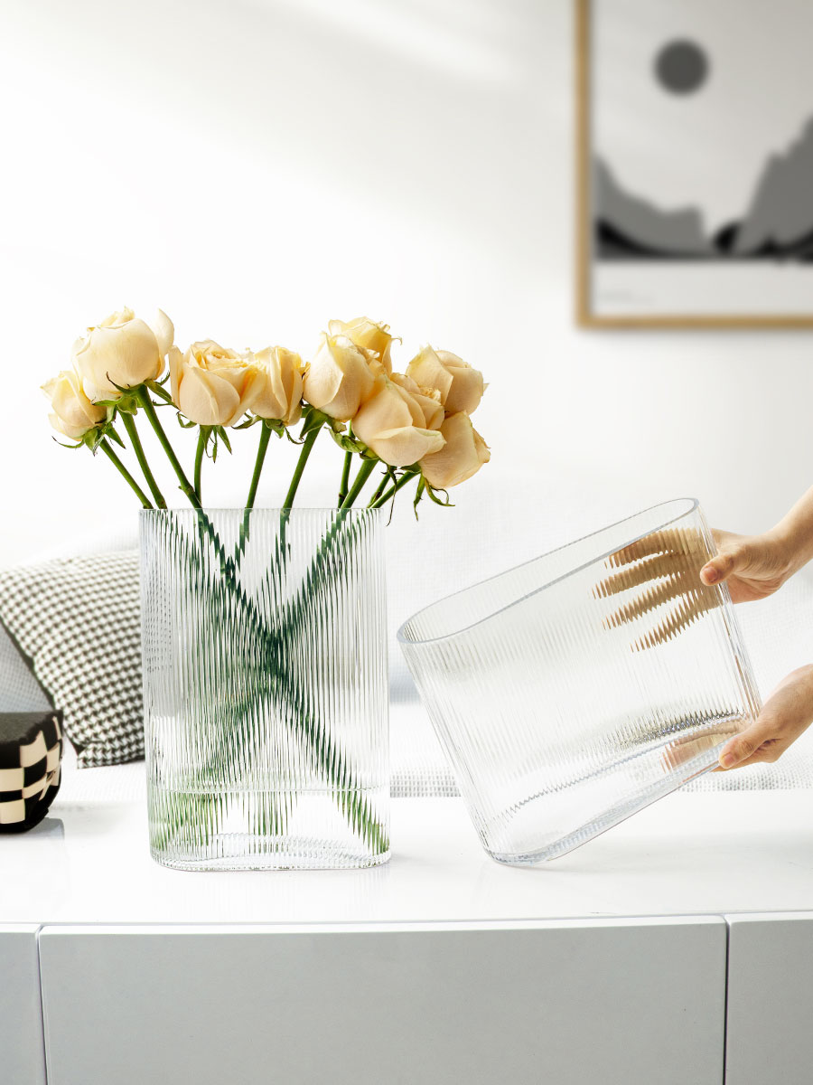 餐桌竖透明摆件水培装饰品简约瓜子纹现代插花玻璃花瓶艺术创意