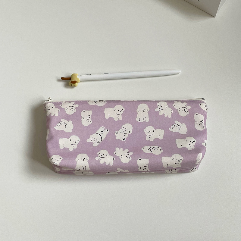 手工原创紫色大容量笔袋可爱温柔小狗多功能学生文具袋纯棉收纳袋
