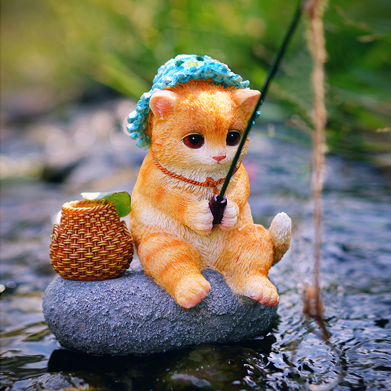 原创可爱小猫钓鱼花园流水装饰摆件庭院假山造景树脂工艺品摆设