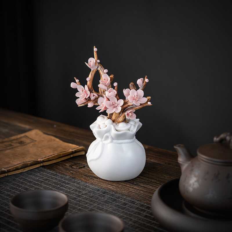 新中式手工陶瓷梅花牡丹玫瑰向日葵立体仿真花创意家用花瓶小摆件