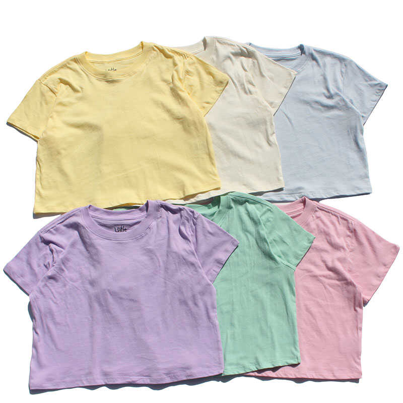 瑕疵女童短袖t恤2024新款儿童纯色t恤女孩半袖纯棉美式短款t恤