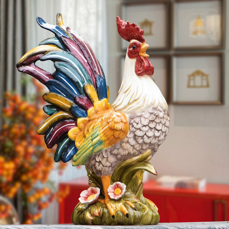 方亚陶瓷手绘艺术大公鸡摆件室内户外装饰品张嘴鸡家居礼品工艺品