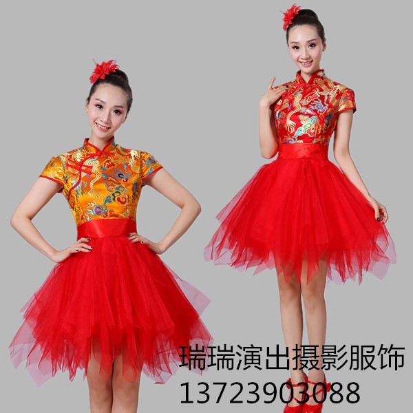 新款打鼓服喜庆舞蹈演出服大人女水鼓服中国风现代舞蹈快板蓬蓬裙