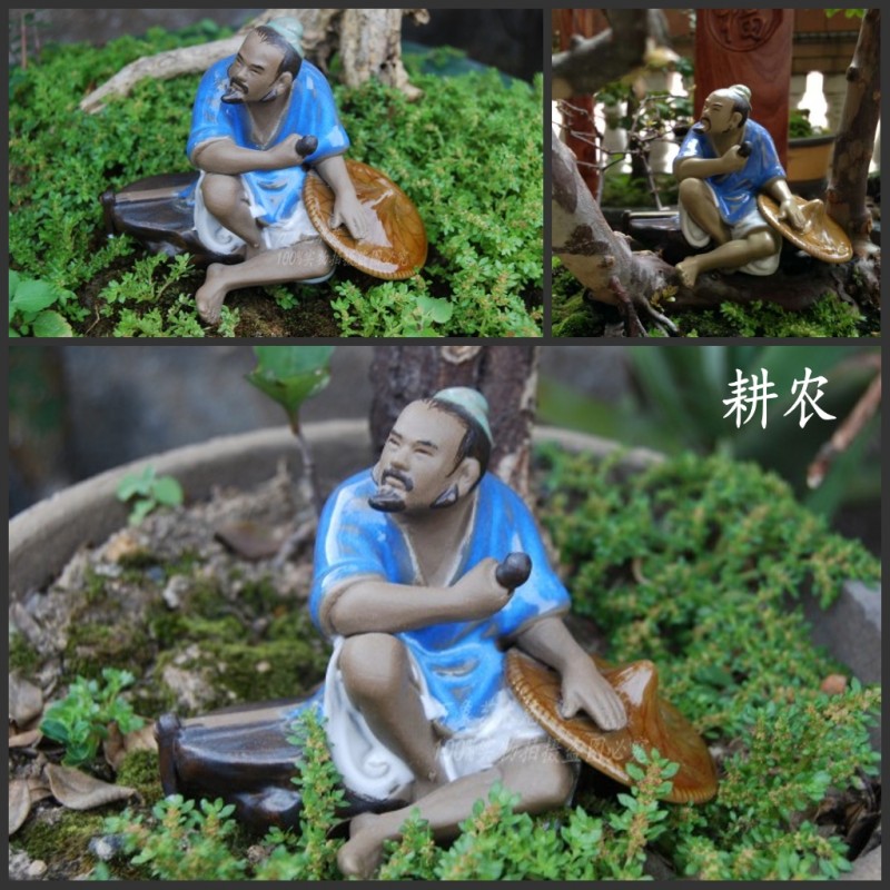 。中国风古代人物孔子题诗读书樵夫陶瓷摆件园艺假山盆景装饰品家