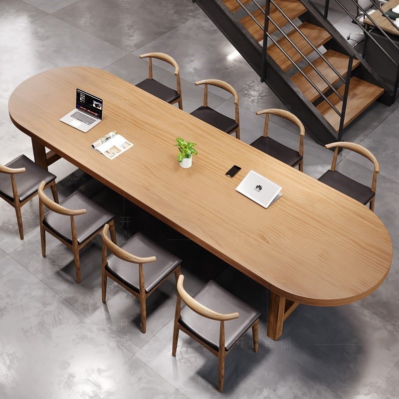 椭圆形实木大板会议桌工业风长条桌图书馆阅读桌办公洽谈桌椅组合