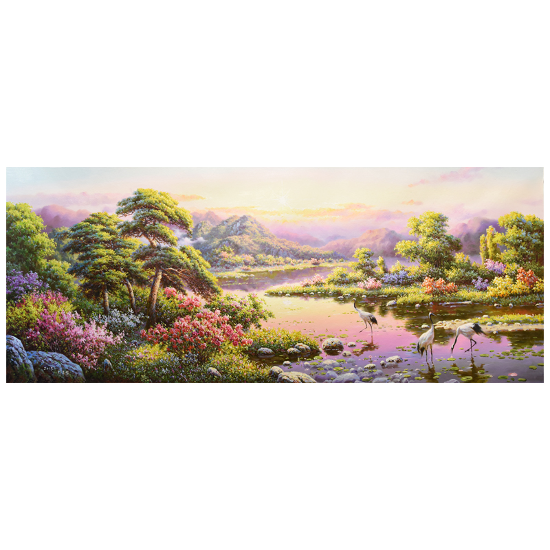 朝鲜风景油画手绘收藏宽2米 李春成 人民艺术家《湖畔晚霞》we506