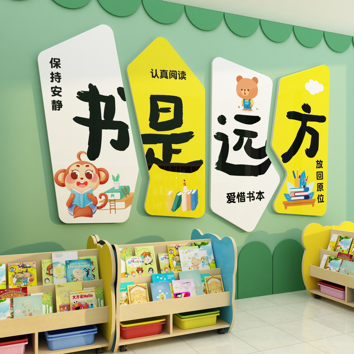 图书角布置装饰画儿童阅读区阅览室幼儿园绘本馆环创背景文化墙贴