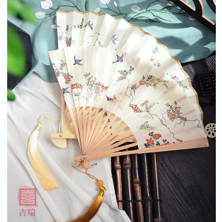 中国风花鸟折扇子折叠复古风古典小竹扇女士夏季随身便携汉服旗袍