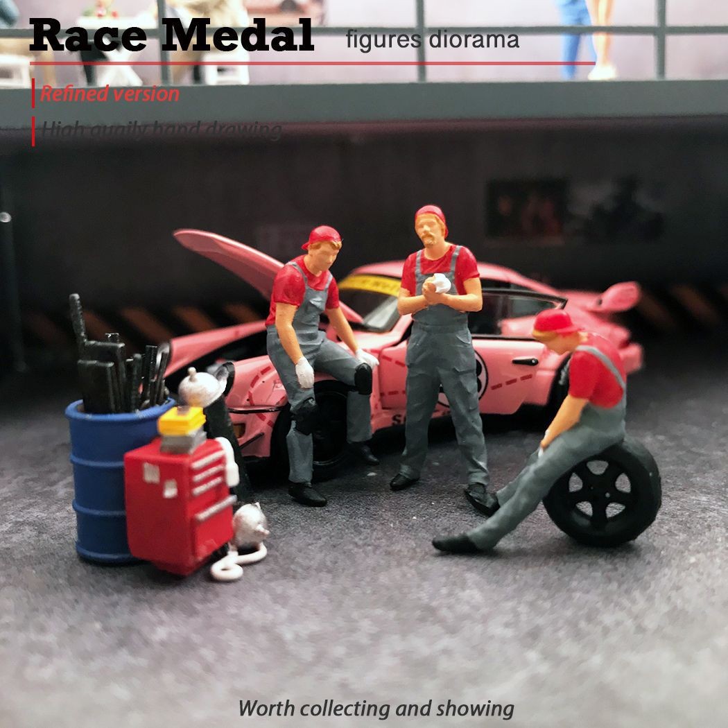 RM 1:64  Gulf 海湾石油 赛车 场景搭配车间修理工 微缩模型人偶