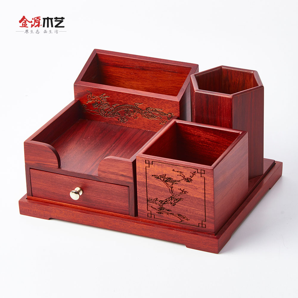 红木笔桶创意办公室多功能桌面中国风笔筒高级感收纳盒子摆件定制