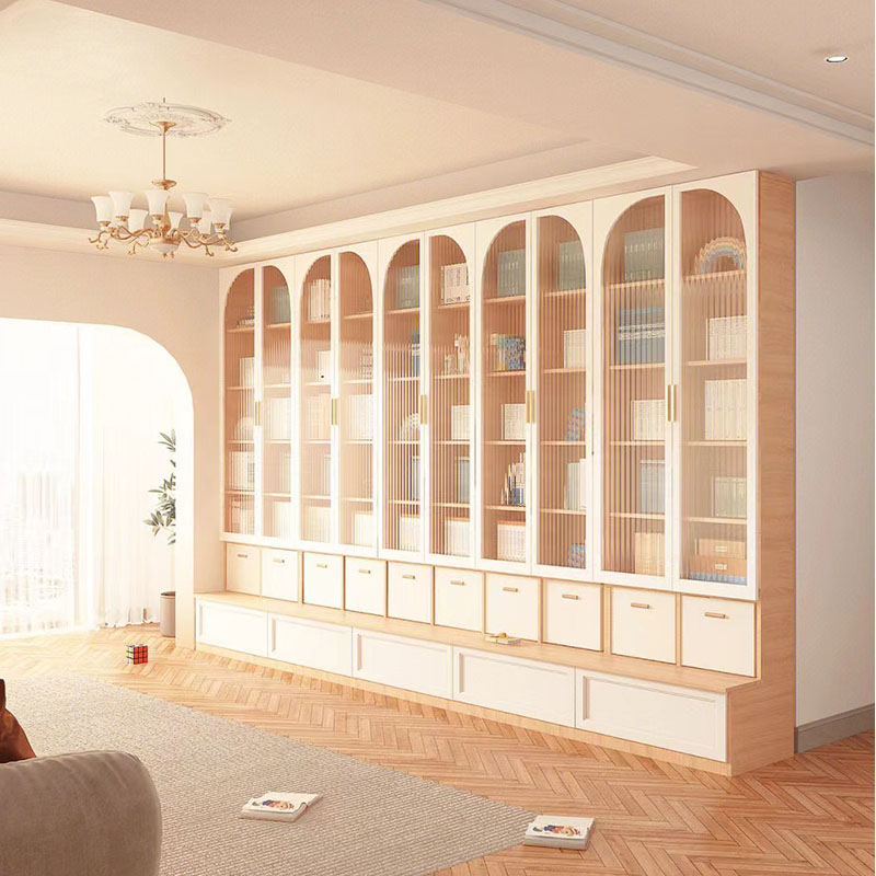 可比熊实木儿童客厅卡座书柜一体整墙到顶玻璃门图书馆书架置物架