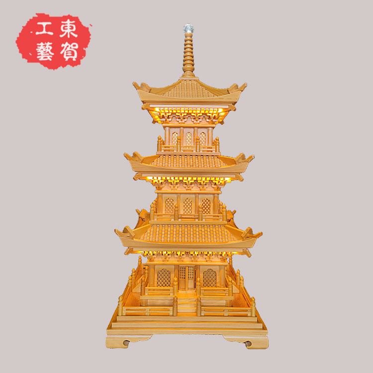中国木雕挂件装饰品家居礼品80公分高松木四角三层塔