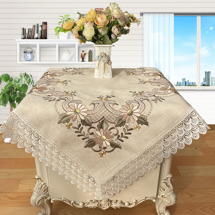 欧式米白色绣花蕾丝方桌布餐厅植物花卉餐桌布客厅床头柜盖布卧室