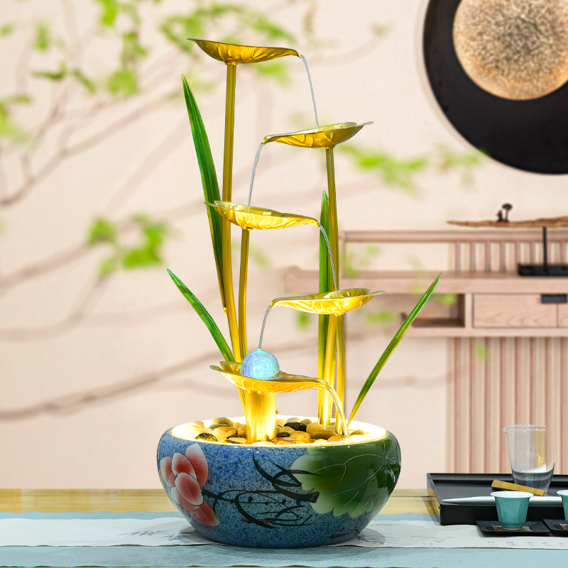 新中式铁艺创意桌面流水器小型水景观循环落地招财客厅电视柜摆件