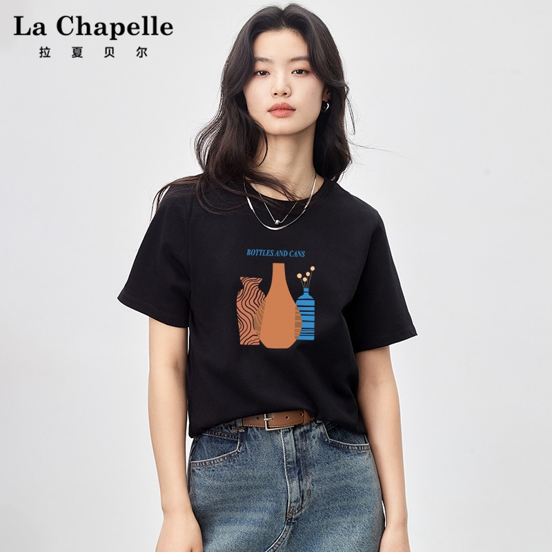 拉夏贝尔/La Chapelle短袖T恤女2024新款字母印花短款上衣夏季潮A