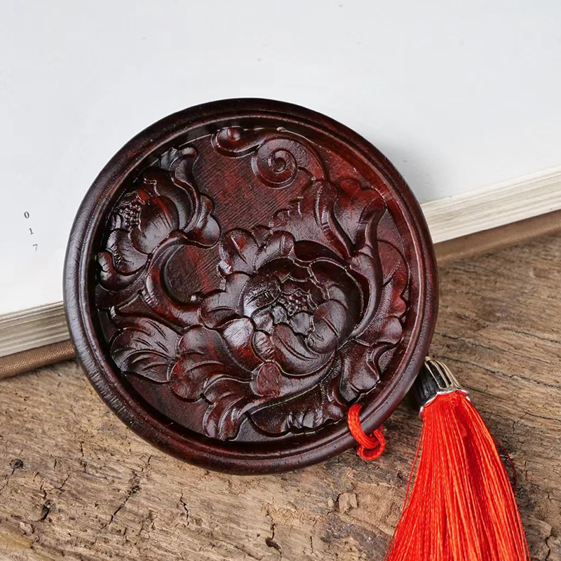悉角紫檀雕刻DIY牡丹镜款镜子规格7×7×1便携木质工艺文玩小巧