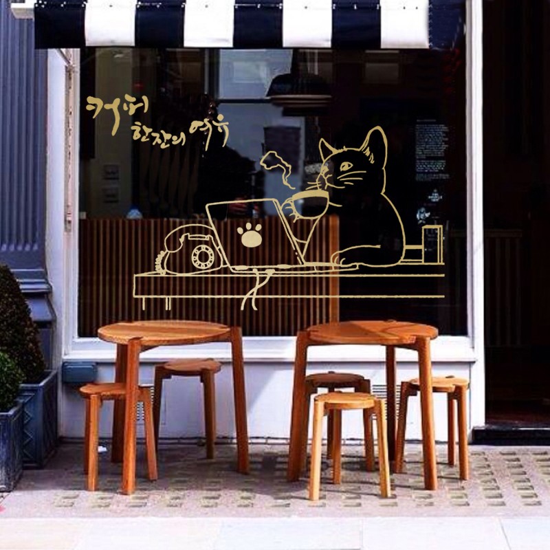 搞怪小猫咪咖啡馆书店甜品店铺玻璃橱窗童趣客厅背景墙贴纸装饰