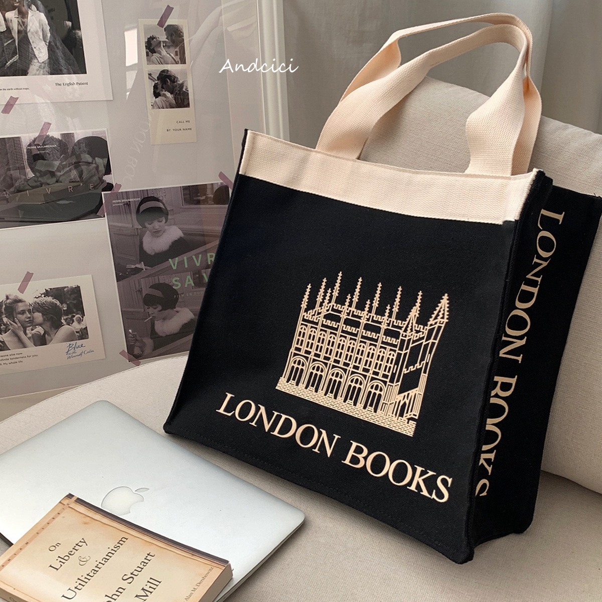 伦敦BOOKS书店~立体设计感帆布包单肩包男女学生书包大容量购物袋