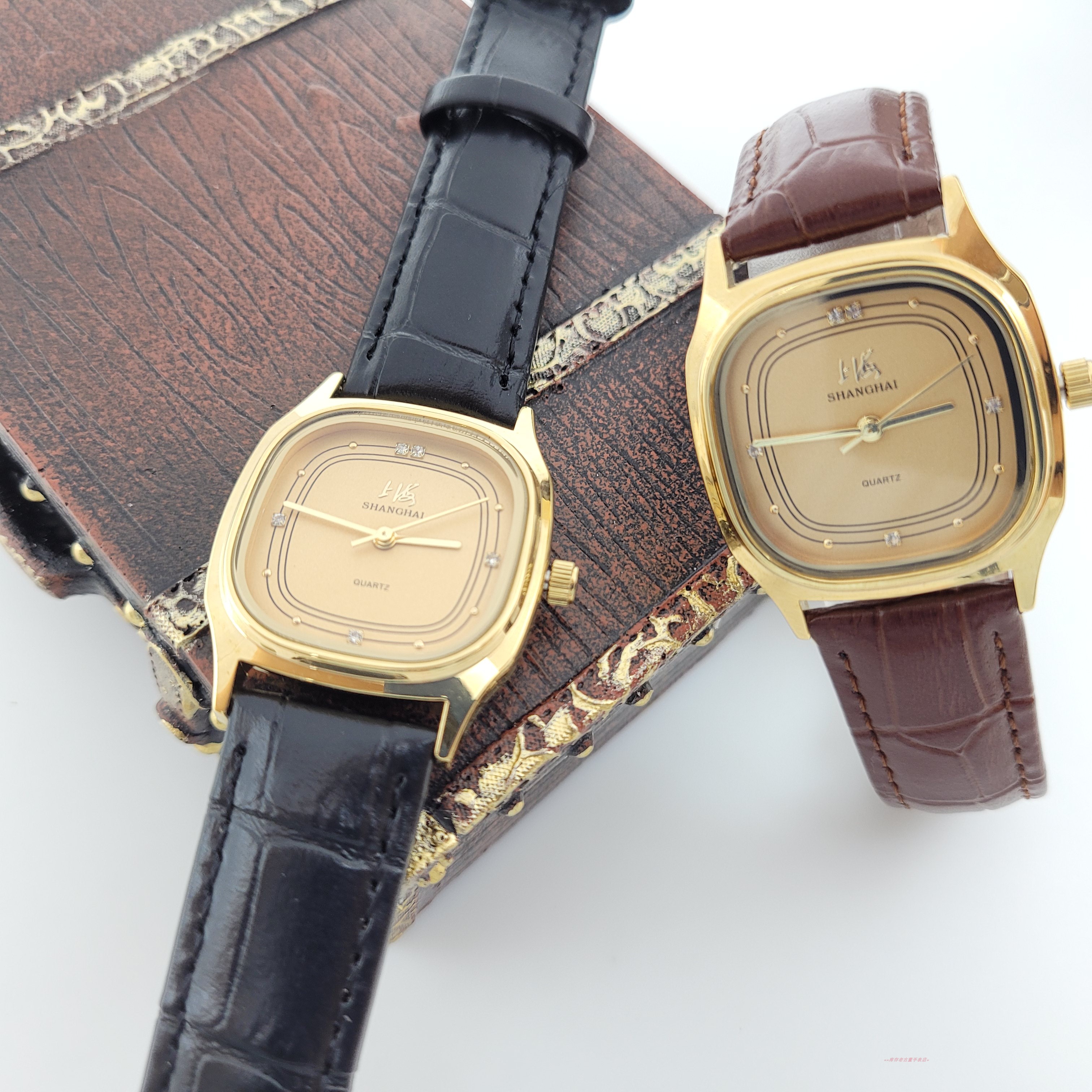 上海手表厂方形复古镀金真皮表带石英百搭小金表