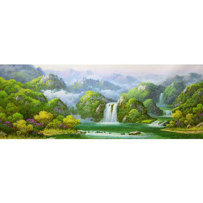 朝鲜风景油画 宽1.8米 金正赫 功勋艺术家《青山绿水》锦绣山y275
