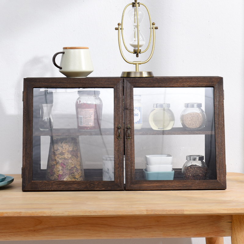 实木桌面收纳柜防尘餐边柜茶杯架中式透明化妆品玻璃柜摆件展示柜
