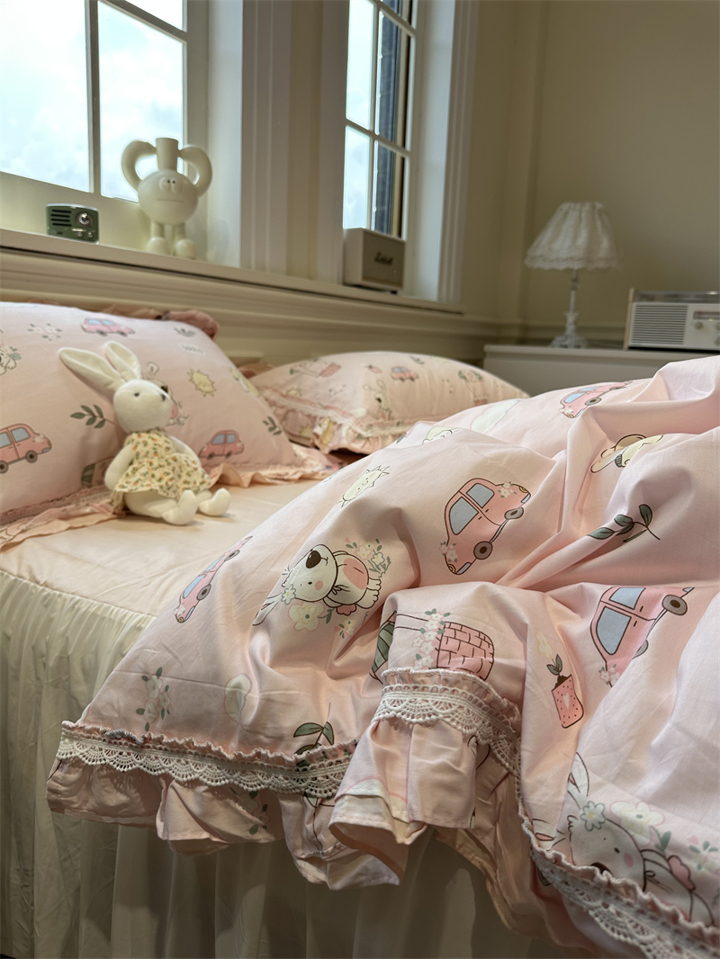 卡通童趣公主花边童年梦床裙四件套全棉1.5m1.8米被套床单三件套